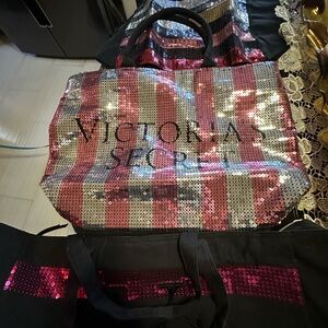 Victoria's Secret Pink and Silver Sequin Striped Tote